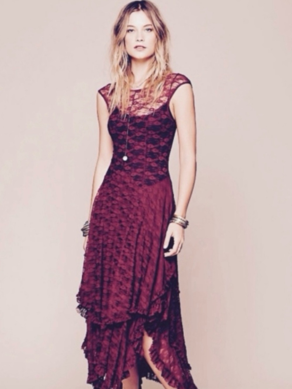 FP Intimately ‘French Courtship’ Asymmetrical Maxi Slip Dress in Red Vintage XS - Picture 4 of 13